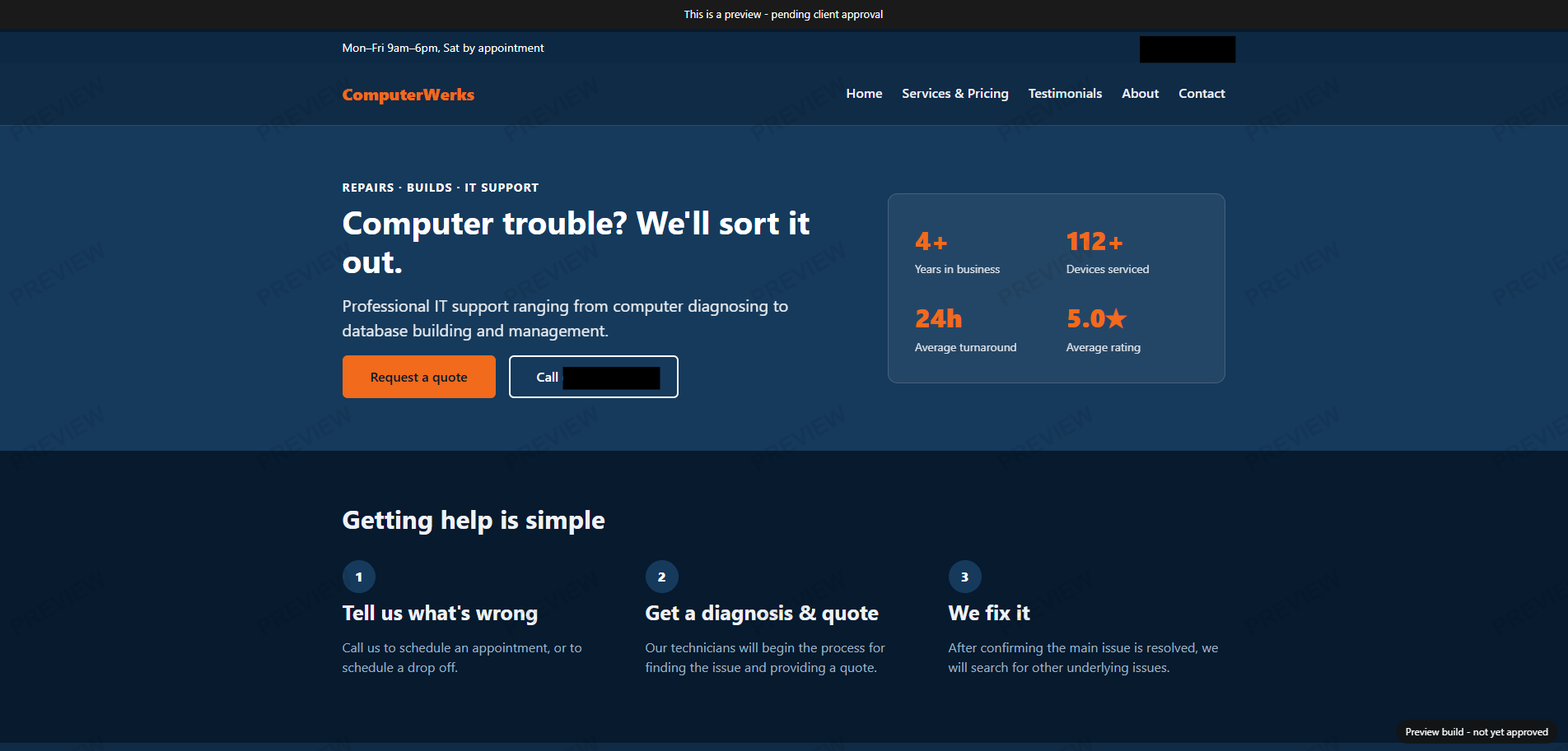 ComputerWerks homepage — dark navy hero with orange accent, stats panel, and numbered how-it-works steps