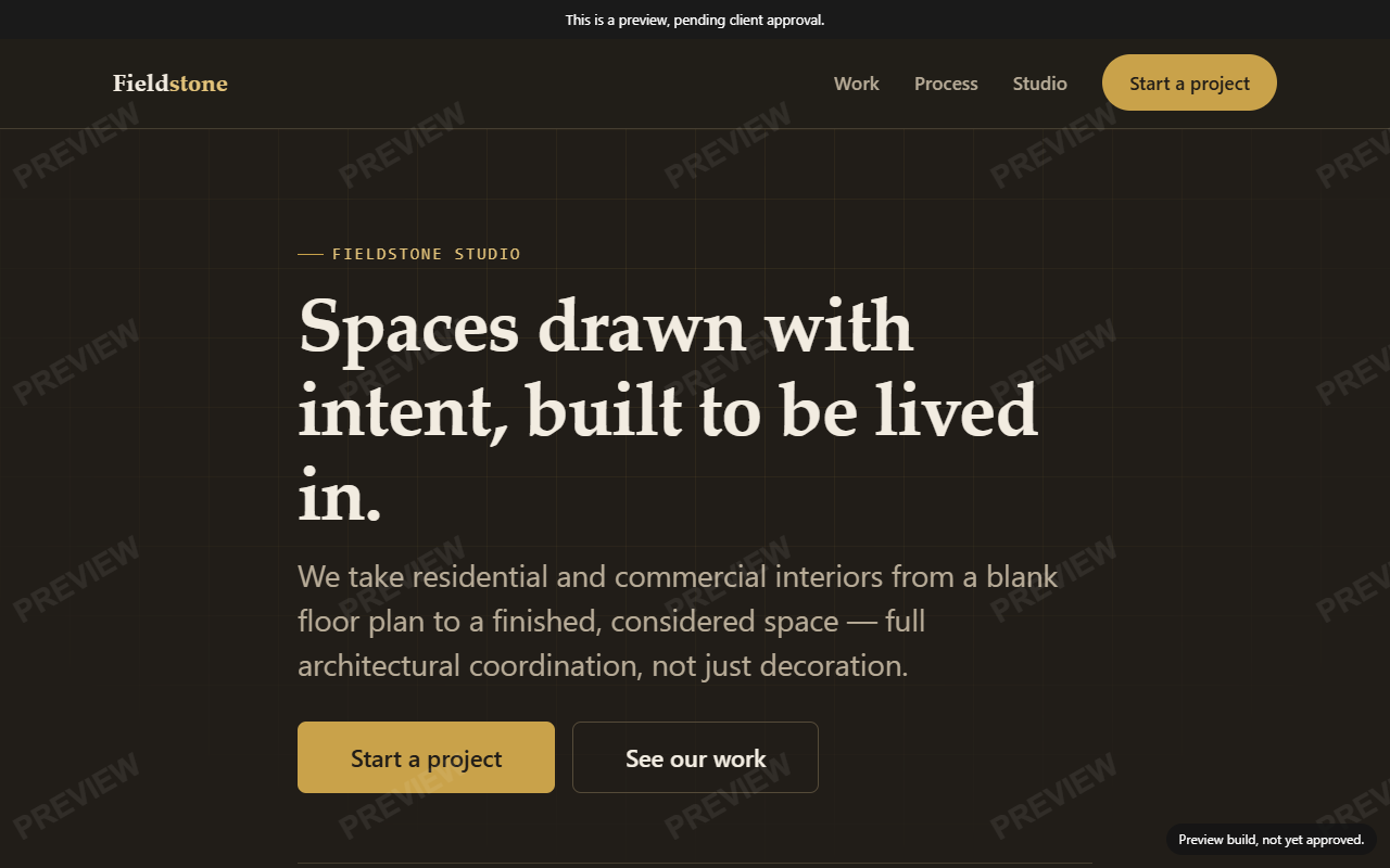 Fieldstone Studio homepage — ink-charcoal hero with a brass accent, a faint blueprint-grid backdrop, and the headline 'Spaces drawn with intent, built to be lived in.'